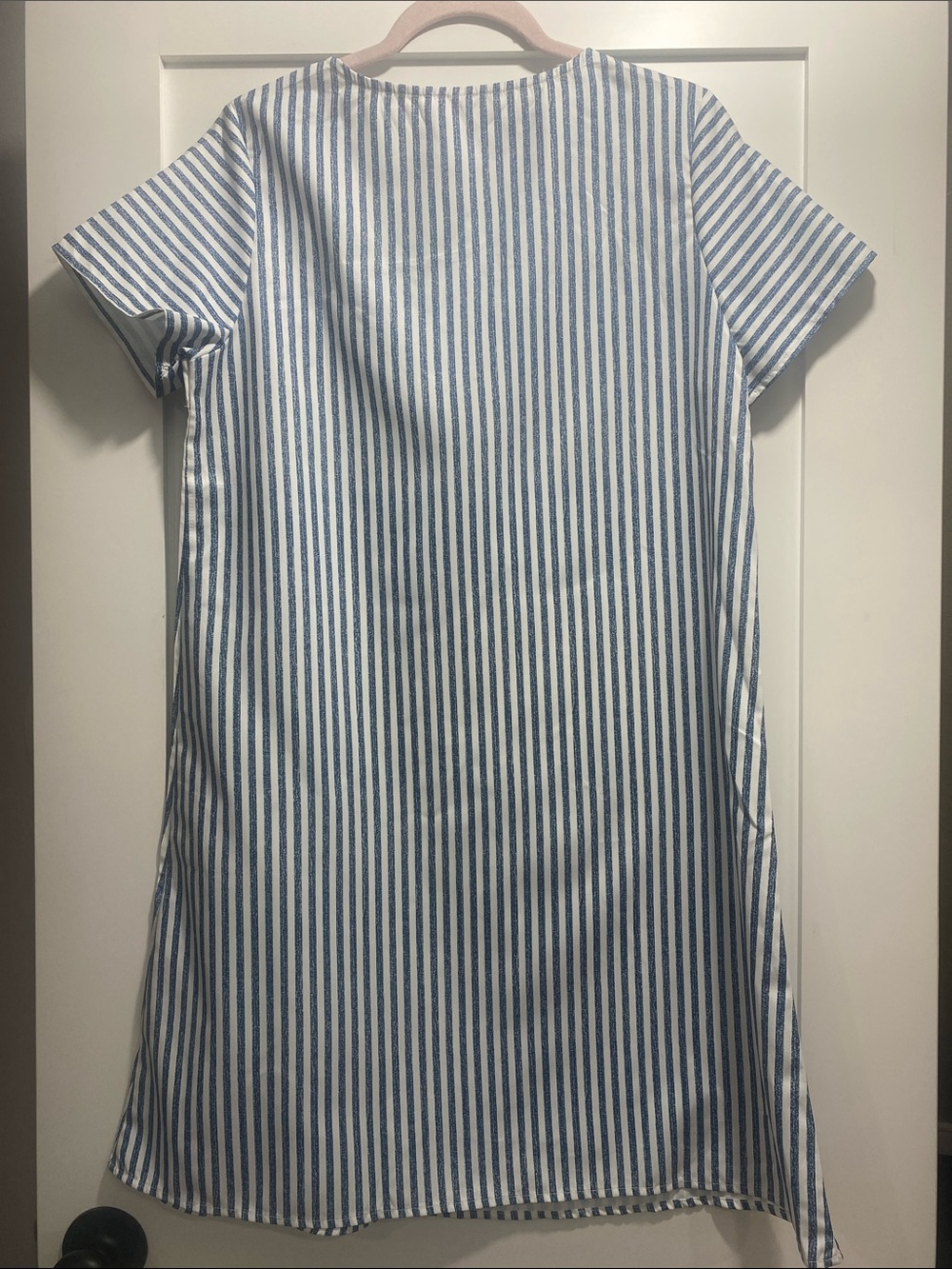 Striped Blue & White Asymmetrical Neck Dress - Picture 2 of 5